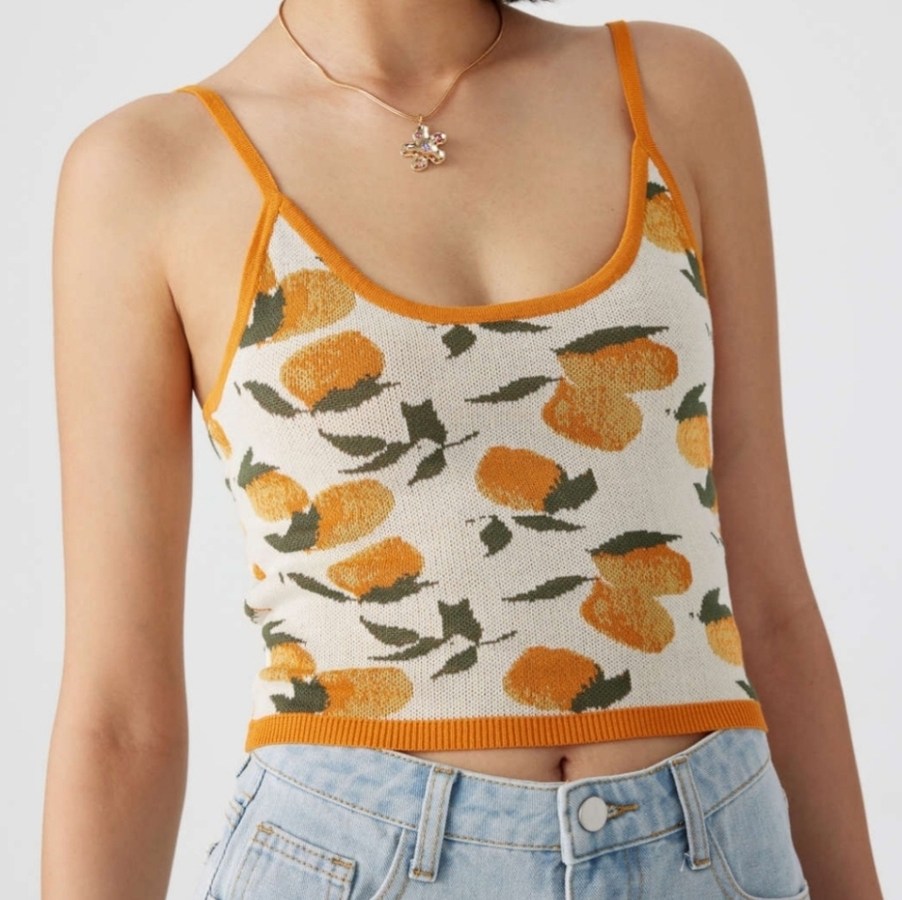 CIDER Orange Floral Knit Tank Top